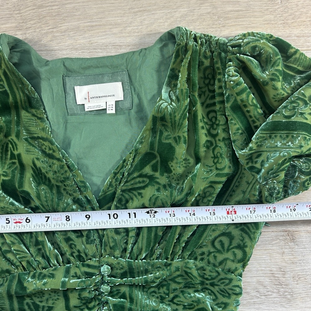 Anthropologie Size 10 Green Puff-Sleeved Burnout Velvet Maxi Dress Gala - Picture 10 of 14